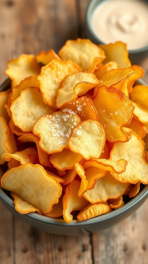 Homemade Potato Chips Recipe A bowl of crispy homemade potato chips with a sprinkle of salt, served with a dip on a rustic table.